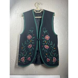 Vintage Handmade Wool Felt Embroidered Patchwork Floral‎ lined Vest Chest 36